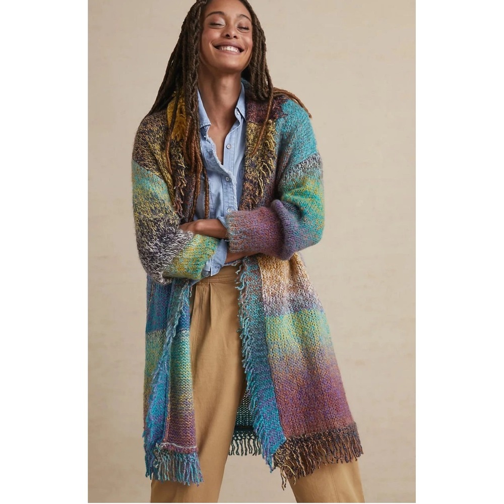 Greylin Anthropologie Colorful Cardigan Duster Fringe Pockets Artsy‎ Phoebe XS